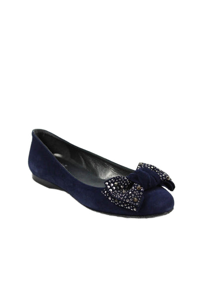 Stuart Weitzman Womens Suede Studded Bow Ballet Flats Navy Blue Size 5 Medium