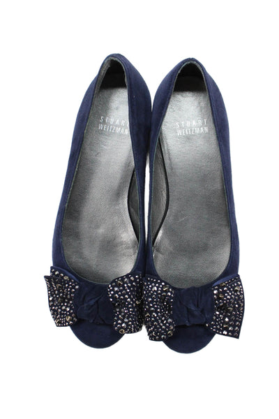 Stuart Weitzman Womens Suede Studded Bow Ballet Flats Navy Blue Size 5 Medium