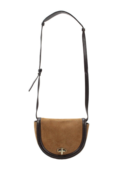 Zara Womens Suede Flap Gold Tone Crossbody Shoulder Handbag Brown