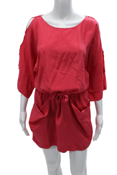 BCBGMAXAZRIA Women Silk Pink Boat Neck Romper 3/4 Sleeve Short Size 2XS