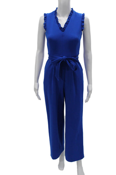 Calvin Klein Womens Sleeveless V-Neck Jumpsuit Blue Tie Waist Polyester Size 0P