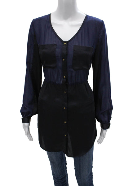 Ark & Co Womens Blue Colorblock VNeck Long Sleeve Tunic Blouse Polyester Size S