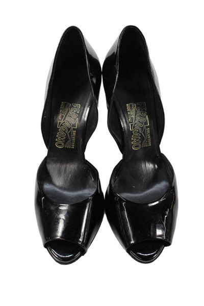 Salvatore Ferragamo Womens Patent Leather Peep Toe Pumps Black Size 7.5 B