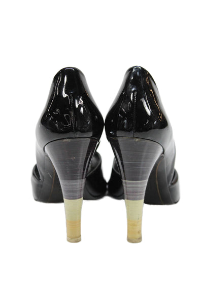 Salvatore Ferragamo Womens Patent Leather Peep Toe Pumps Black Size 7.5 B