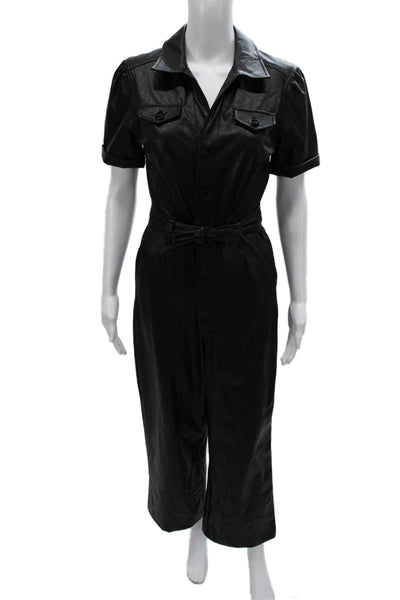 Paige Womens Black Collared Short Sleeve Jumpsuit Polyurethane Button Size 2