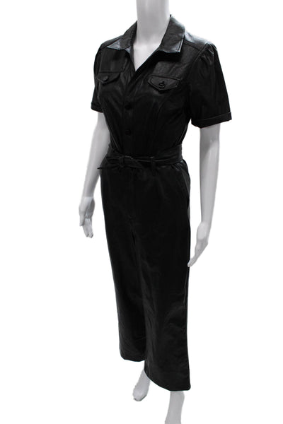 Paige Womens Black Collared Short Sleeve Jumpsuit Polyurethane Button Size 2