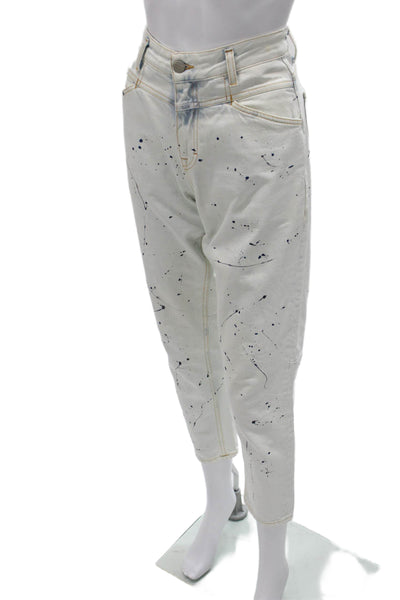 Closed Women Tapered Paint Splatter White Cotton Jeans Button Size 23