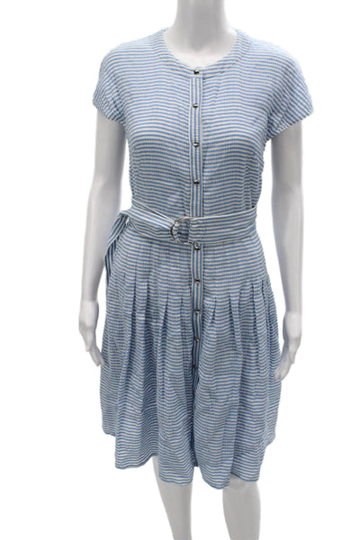 Akris Punto Womens Cotton Blue Striped Shirt Dress Collared Short Sleeve Size 8