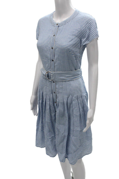 Akris Punto Womens Cotton Blue Striped Shirt Dress Collared Short Sleeve Size 8