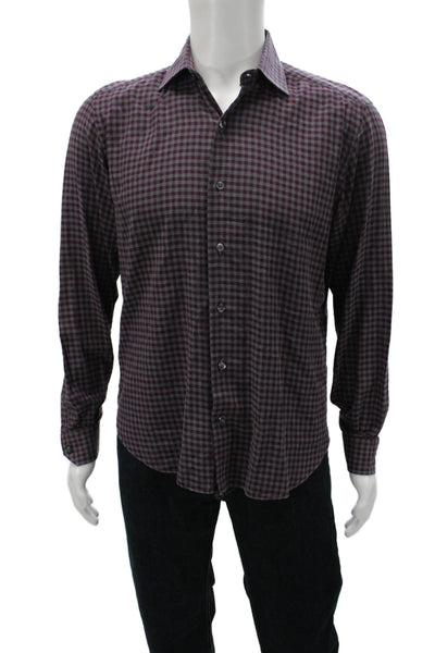 Culturata Mens Button Front Collared Gingham Shirt Purple Gray Size Medium