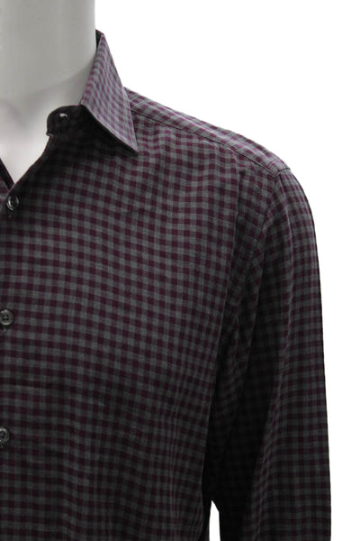 Culturata Mens Button Front Collared Gingham Shirt Purple Gray Size Medium