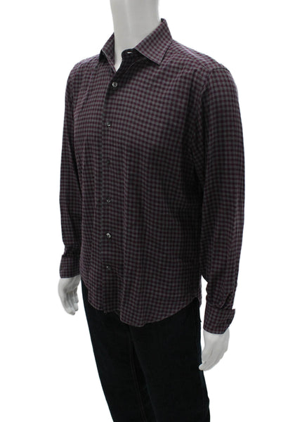 Culturata Mens Button Front Collared Gingham Shirt Purple Gray Size Medium
