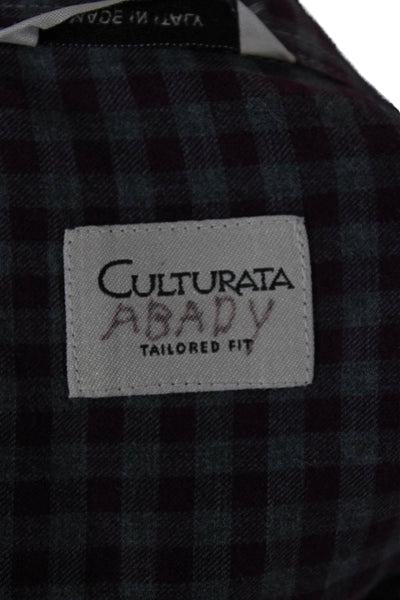 Culturata Mens Button Front Collared Gingham Shirt Purple Gray Size Medium