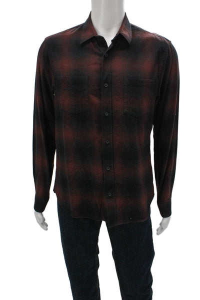 Vince Mens Button Front Long Sleeve Collared Plaid Shirt Brown Black Medium