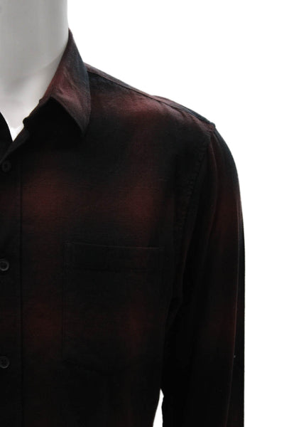 Vince Mens Button Front Long Sleeve Collared Plaid Shirt Brown Black Medium