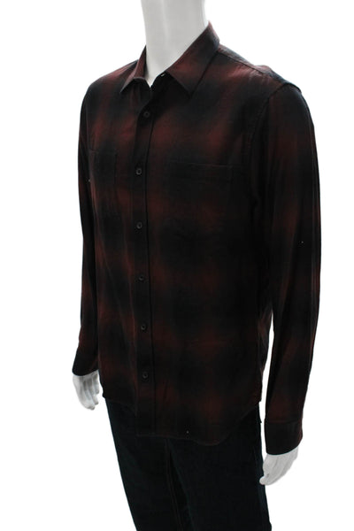 Vince Mens Button Front Long Sleeve Collared Plaid Shirt Brown Black Medium