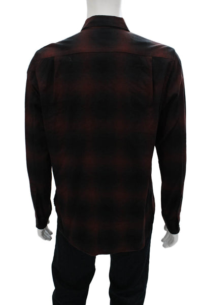 Vince Mens Button Front Long Sleeve Collared Plaid Shirt Brown Black Medium