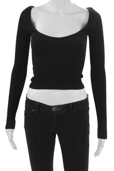 Intimately Free People Womens Cropped Black Sweetheart Tee Long Sleeve Size L