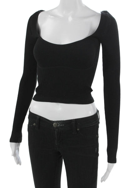 Intimately Free People Womens Cropped Black Sweetheart Tee Long Sleeve Size L