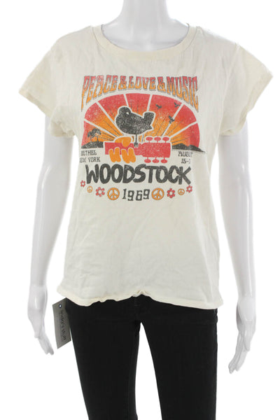 Chaser Women Basic T-Shirt White Cotton Crewneck Short Sleeve Woodstock Size XS