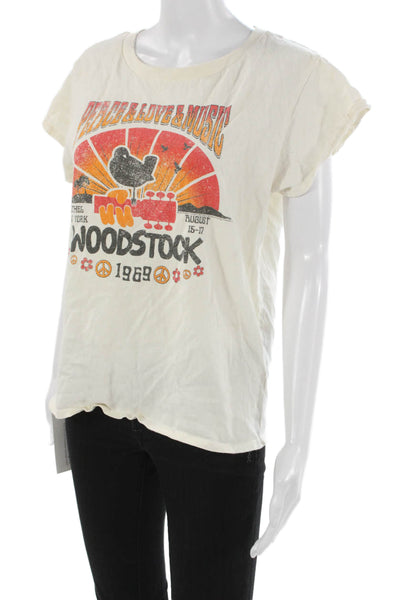 Chaser Women Basic T-Shirt White Cotton Crewneck Short Sleeve Woodstock Size XS