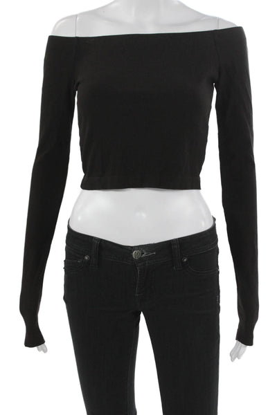 Lanston Womens Cropped Off the Shoulder Black Long Sleeve T-Shirt Size S