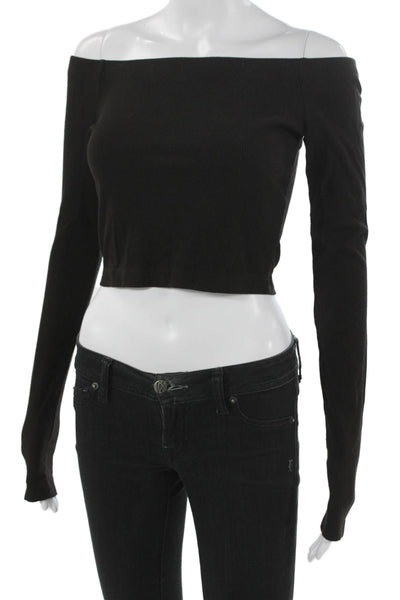 Lanston Womens Cropped Off the Shoulder Black Long Sleeve T-Shirt Size S