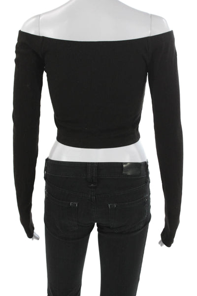 Lanston Womens Cropped Off the Shoulder Black Long Sleeve T-Shirt Size S
