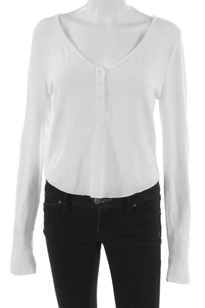 Intimately Free People Women White Henley Long Sleeve T-Shirt Size L