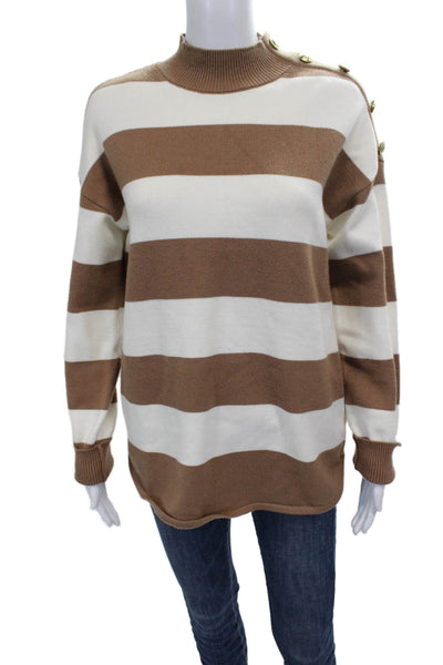 Marled Womens Pullover Sweater Striped Mock Neck Long Sleeve Brown Rayon Size M