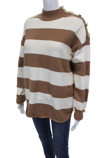 Marled Womens Pullover Sweater Striped Mock Neck Long Sleeve Brown Rayon Size M