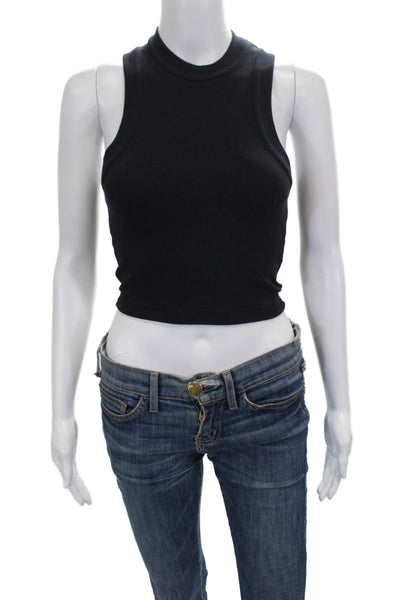 Tibi Womens Cropped Tank High Neck Black Cotton Sleeveless Size XS