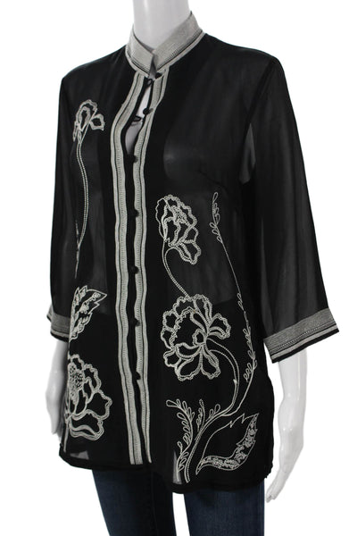 Roberta Di Camerino Women Tunic Blouse Black Floral 3/4 Sleeve Collared Size 40
