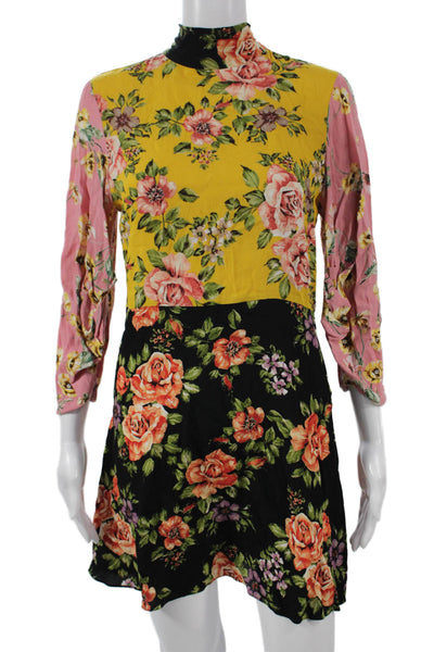 Zara Woman Womens Mini Floral Dress Multicolor High Neck Viscose 3/4 Zip Size M
