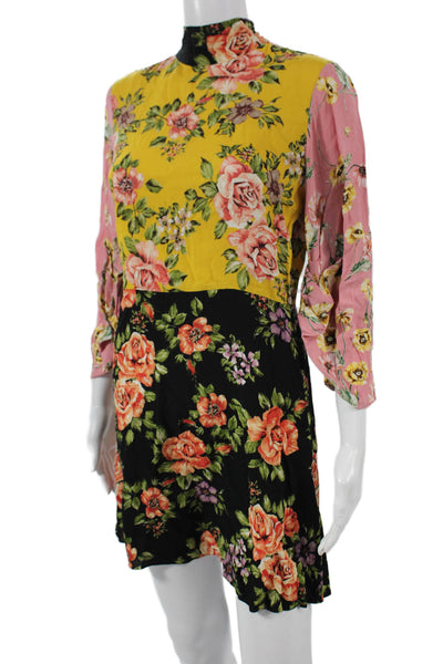 Zara Woman Womens Mini Floral Dress Multicolor High Neck Viscose 3/4 Zip Size M