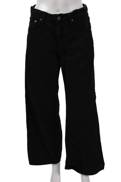 Zara Women Wide Leg Black Jeans Low Rise Button 100% Cotton Size 4