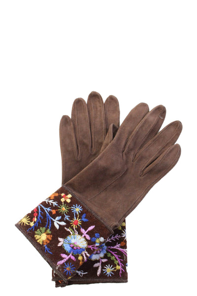Shaneen Huxham Womens Suede Floral Embroidered Gloves Brown Size Small