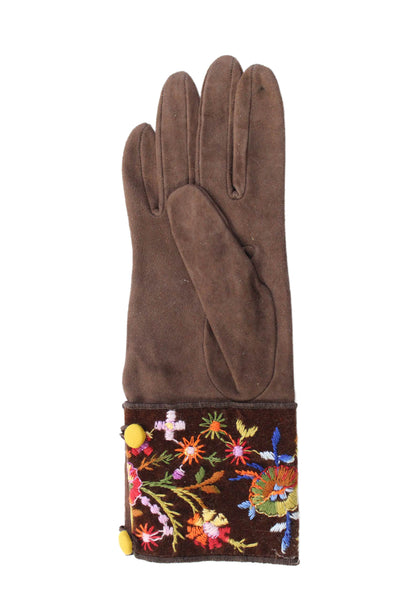 Shaneen Huxham Womens Suede Floral Embroidered Gloves Brown Size Small