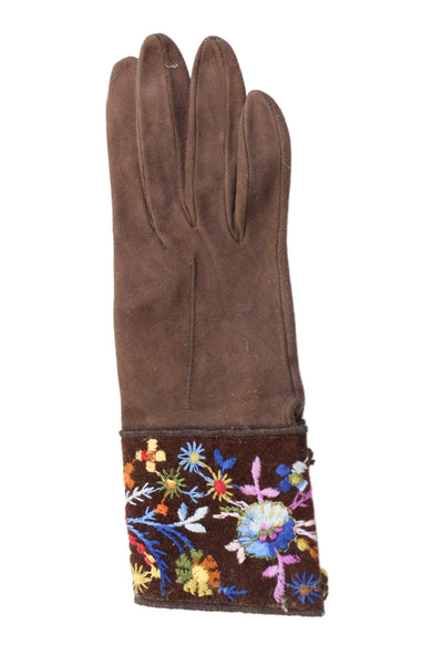 Shaneen Huxham Womens Suede Floral Embroidered Gloves Brown Size Small