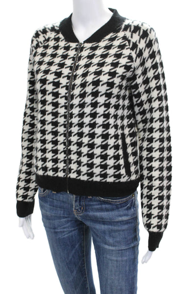 Madeleine Thompson Womens Bomber Jacket Black Wool Cashmere Zip Check Size S
