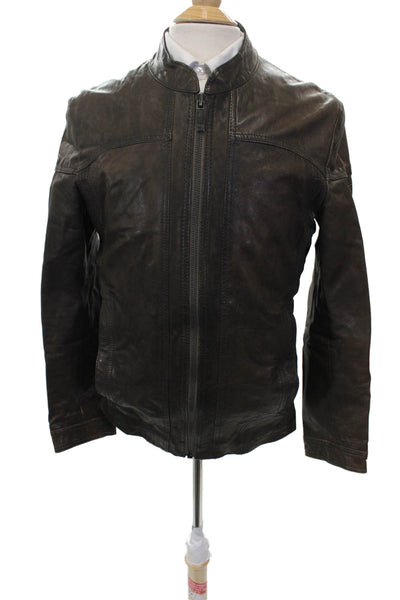 BOSS Orange Mens Biker Leather Jacket Brown Zip Size 36