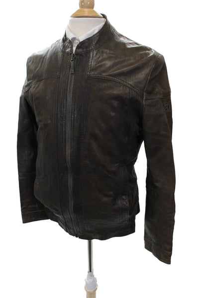 BOSS Orange Mens Biker Leather Jacket Brown Zip Size 36