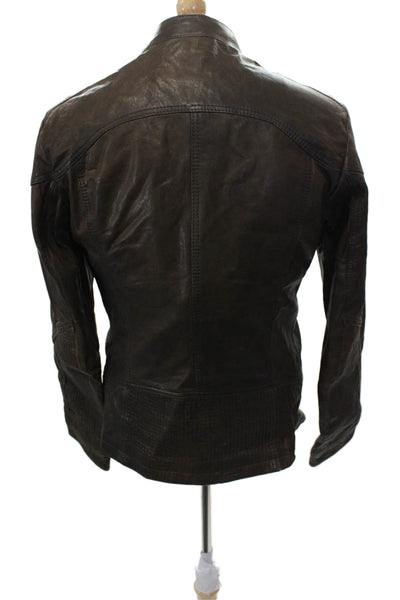 BOSS Orange Mens Biker Leather Jacket Brown Zip Size 36