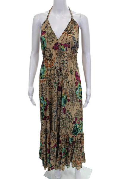 Raga Women Maxi Halter Floral Beige Sleeveless Tie Dress Size S