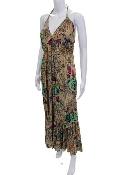 Raga Women Maxi Halter Floral Beige Sleeveless Tie Dress Size S