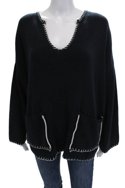 Zara Women Pullover Sweater V Neck Black Cotton Long Sleeve Solid Fall Size M