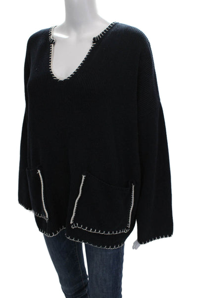 Zara Women Pullover Sweater V Neck Black Cotton Long Sleeve Solid Fall Size M