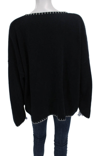 Zara Women Pullover Sweater V Neck Black Cotton Long Sleeve Solid Fall Size M