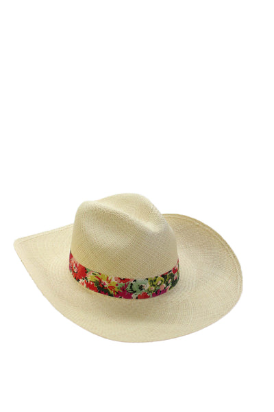 J Crew Womens Floral Trim Woven Straw Wide Brim Panama Hat Beige S-M