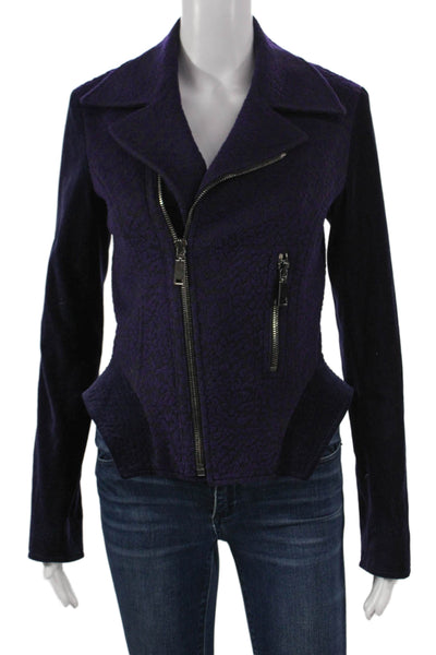 Tahari Womens Biker Quilted Wool Jacket Purple Zip Long Sleeve Size 4